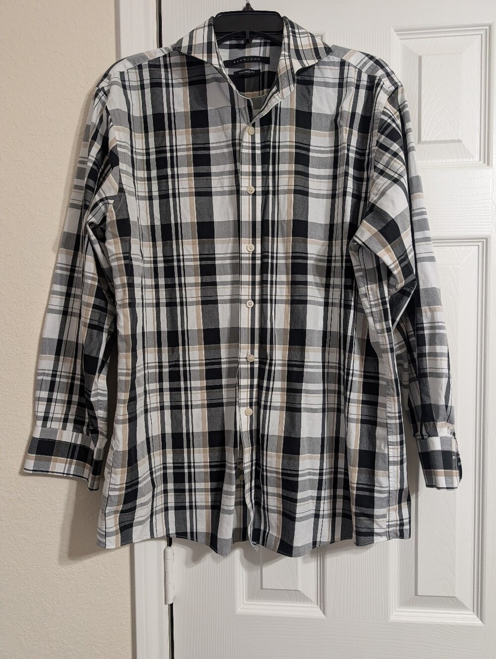 Sean John Men's Black White Tan Plaid Button Down Dress Shirt•16.5 32/33•90s/Y2K
